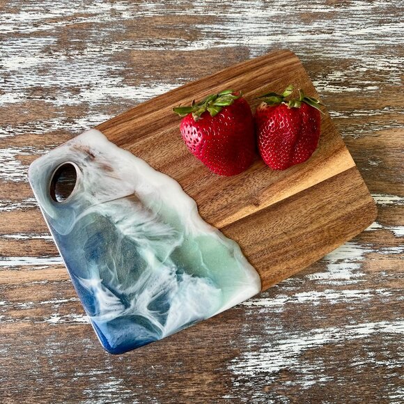 Ocean Waves Resin Wood Cutting Board Charcuterie Board Beach House Cheeseboard - Picture 1 of 4